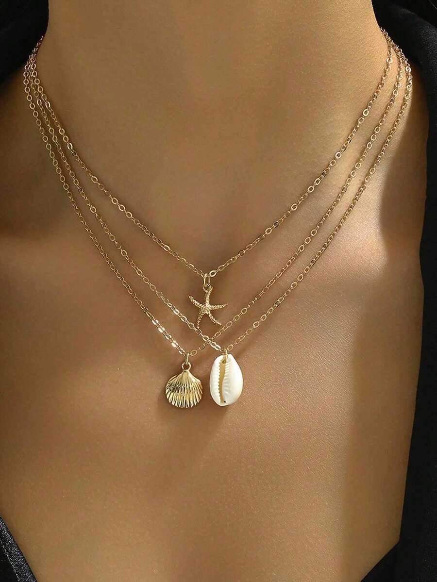 3pcs Customized Necklace Set With Ocean Theme, Shell & Starfish Pendant Necklaces, Suitable For Women's Daily & Vacation Wear - Yellow Gold - View 1