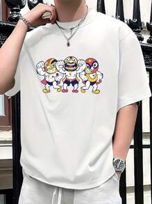 White Cartoon Character Print Short Sleeve T-Shirt,Men's 220gsm New Summer Casual Crew Neck Pure Cotton Short Sleeve T-Shirt (1 Pc)