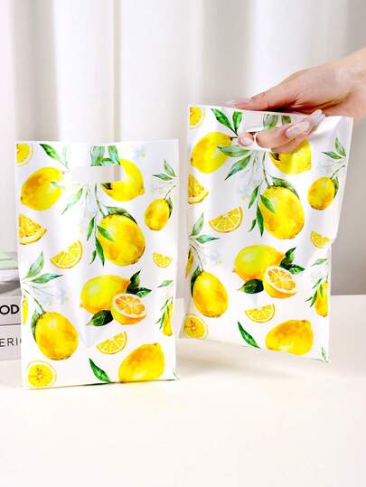 10/20/50个装水彩黄色柠檬印花塑料礼品袋 - 春夏婚礼回礼、儿童派对用品、母亲节礼物、沙滩野餐必备、派对装饰