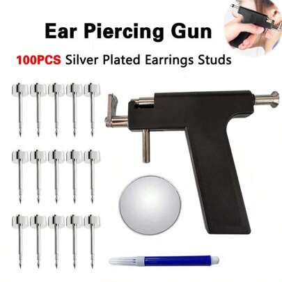 Pistola de perfuração de orelha reutilizável com 100 peças de pinos de orelha de aço inoxidável - Kit de perfuração de orelha profissional