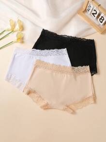 3pcs/Set Lace Mid-Waist Sexy Underwear, Solid Color, Mature Charm & Elegance, Lace Patchwork