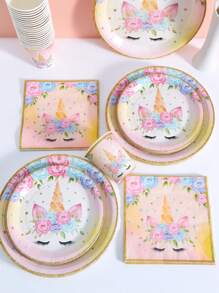 1 Set (25pcs) Golden Unicorn Disposable Plates, Napkins And Cups, Suitable For 25 Guests, Disposable Paper Plates Party Supplies For Birthday, Wedding, Party, Family Picnic