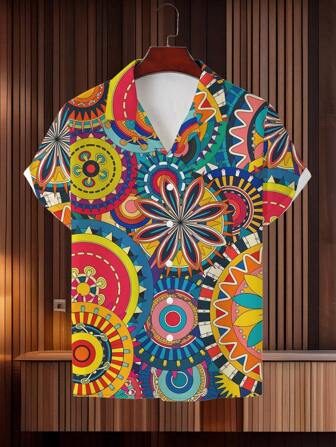 Fashionable 3D Print Short Sleeve Shirt - Casual Breathable Polyester, Machine Washable, Men's Collar Design