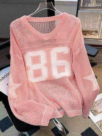 女士超大号休闲针织套头衫，数字印花宽松透气优雅气质，适合夏季情侣装