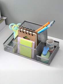 Caja de almacenamiento de papelería de unicolor, organizador de escritorio multifuncional minimalista, adecuado para estudiantes, suministros de oficina, temporada de regreso a la escuela, soporte de bolígrafo hueco para escritorio, papelería de estudiante Cubo de almacenamiento de rejilla colorida multifuncional de alambre de hierro redondo - Multicolor - Ver 8