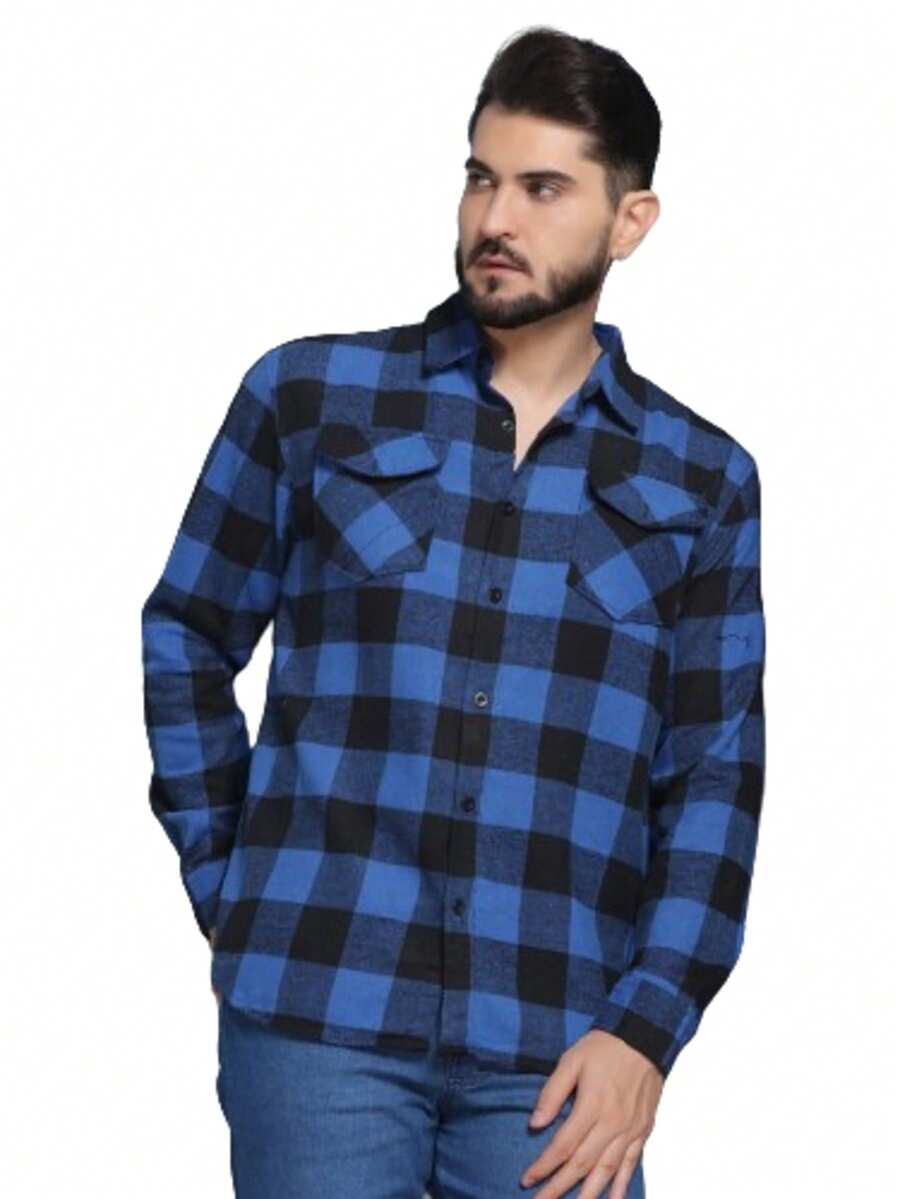 MEN'S CHECKED FLANNEL LONG SLEEVE SHIRTS TAKE ADVANTAGE - Màu xanh lam - Xem 1