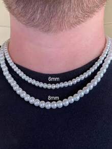 单层男士珍珠项链，圆珠不锈钢锁骨链，珍珠项链，可叠戴使用，适合日常生活、聚会、宴会等场所 - 彩色 - 查看 5