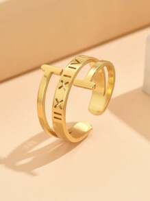 1 pieza Anillo de acero inoxidable ajustable con letra hueca de estilo minimalista y moderno, chapado en oro de 18 quilates, joyería resistente a los arañazos para uso diario de las mujeres