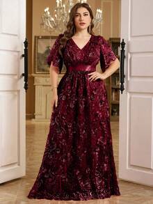 SUPGIR [Random Cut] Elegant Long Sequin Embroidered Floral Jewel Neck Ruffle Sleeve Maxi Evening Dress - Burgundy - View 1