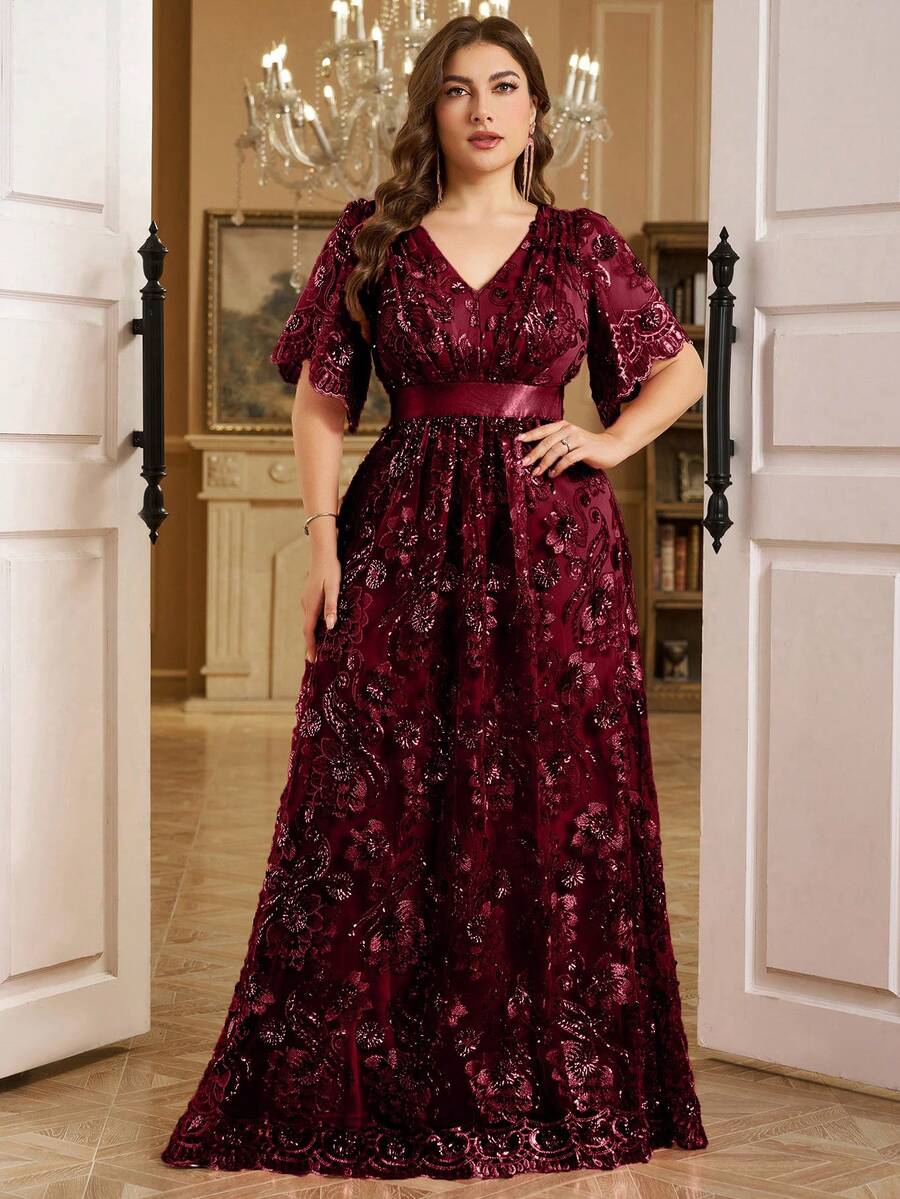 SUPGIR [Random Cut] Elegant Long Sequin Embroidered Floral Jewel Neck Ruffle Sleeve Maxi Evening Dress - Burgundy - View 1