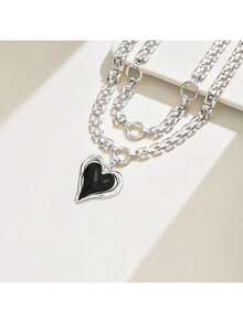 1pc New Creative Heart Patchwork Fashion Versatile European And American Style Multi-Layer Chain Necklace - Silver - View 2