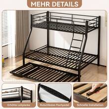 Bunk Bed With Pull-Out Bed, Metal Bunk Bed, Slatted Frame 100x200cm/140x200cm, Railing, Non-Slip Ladder, Loft Bed/Bunk Bed/Bunk Bed For Teenagers And Adults, Bunk Bed For 2 Children