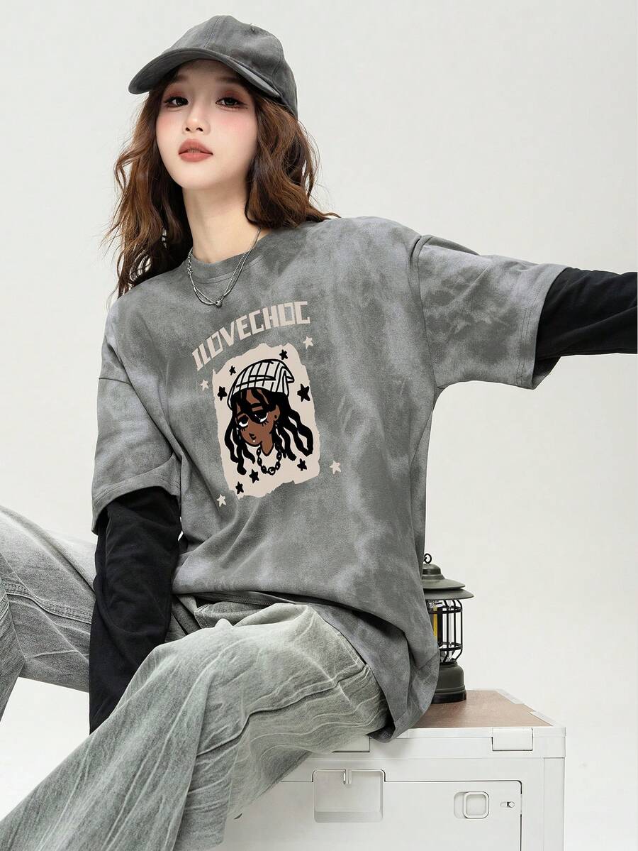 JUTU 春秋新款卡通人物印花休闲宽松长袖T恤 - 409煙灰拼黑-878 - 查看 1