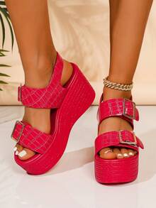 Sandali con zeppa e plateau, scivolo, punta aperta e tacco alto da donna, rossi, di moda, versatili, antiscivolo, con suola spessa, scarpe estive