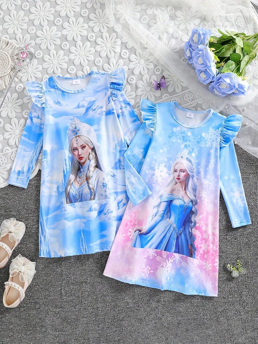 2pcs/Set Girls Cartoon Digital Print Knit Nightgown - Blue - View 1