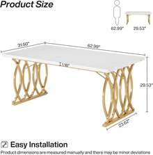LITTLE TREE Modern Dining Table For 4-6 People, 63" Large Rectangular Kitchen Table With Faux Marble Tabletop And Geometric Legs, White & Gold - White - View 2