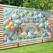 1pc 2D Background Banner, Colorful Rainbow Birthday Celebration Polyester Fabric Wall Decor, Suitable For Living Room, Bedroom, Office And Outdoor Decoration, Ideal Party & Holiday Gift