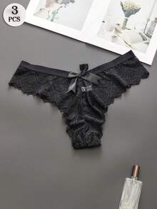 3pcs/Set Plus Size Women Lace Thong Panties With Bow Accent, Sexy Transparent Solid Color Elastic Comfortable Ladies G-String Underwear With Bowknot Back - Multicolor - View 3