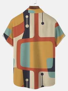 Retro 50s Geometric Atomic Print Button Pocket Short Sleeve Shirt, Plus Size - Multicolor - View 5