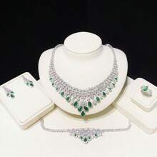 Ensemble de bijoux de mariage de luxe pour femmes - Collier, boucles d'oreilles, bague, bracelet, orné de bijoux colorés (rubis, saphir, émeraude), ensemble de bijoux de mariée, zirconium cubique en cuivre, élégant, romantique, royal, style princesse
