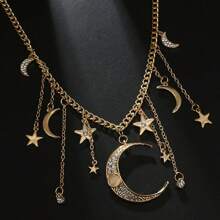 قلادة معلق بتصميم بسيط عصري بشكل نجوم وقمر وشمس، سلسلة أحادية الطبقات مناسبة للنساء للارتداء اليومي والمناسبات، إكسسوار قلادة متعدد الاستخدامات هدية