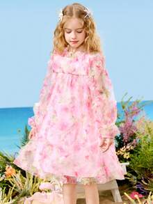 ASK JUNIOR 少女碎花荷叶边网纱连衣裙，休闲公主风