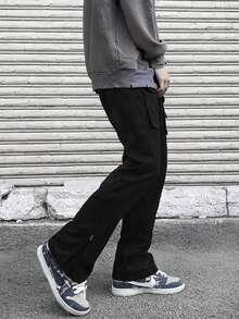 Men's Solid Color Cargo Pants, Straight Leg Casual Trousers With Large Capacity Pockets To Meet Daily Needs, Minimalist Design Suitable For Versatile Styling, An Essential Choice To Showcase Personalized And Practicality. - Black - View 3