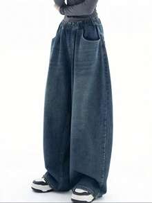 Women's Casual Loose Fit Wide Leg Denim Jeans With Pockets And Button Zipper Closure, Long Straight Leg Style, Slightly Stretchy Fabric, Perfect For A Vintage Or Casual Look - Rửa tối - Xem 7