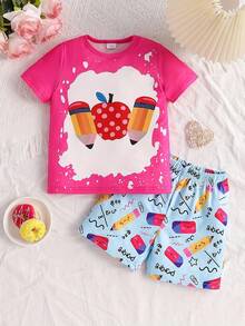 2 Pieces Girls Toddler Short Sleeve Shorts Pajama Set, Knitted Fabric Pencil Print Loungewear - Pink - View 1
