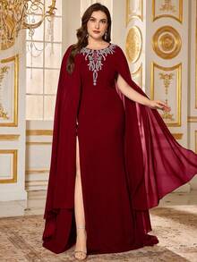 SUPGIR Robe de fête ample pour femmes avec col rond, manches évasées extra longues à sequins, patchwork à perles, jupe fluide fendue à ourlet