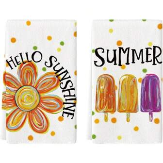 Set Of 2 Popsicles Flowers Summer Kitchen Towels Dish Towels, 16x24 Inch Farmhouse Hello Sunshine Decoration Hand Towels