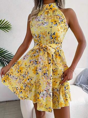 Women's Summer Vacation Hollow Lace-Up Waist Ruffled Hem Ditsy Floral Sleeveless Dress