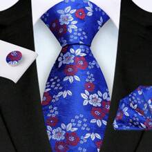 3 Piece Set: 8cm Floral & Patterned Necktie, Handkerchief, And Cufflinks Men's Necktie Set, High Quality Classic Business & Casual Tie Set, Men's Wedding Accessories, Family, Christmas, Party Gift