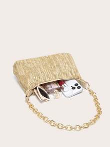 Women's Underarm Shoulder Bag, Square Metal Chain Bag, Large Capacity, Lightweight, Casual & Fashionable Beach Vacation Style, Suitable For Shopping And Vacation - Khaki - View 4