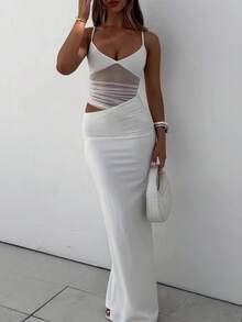 Women's Sexy Spaghetti Strap Long Dress Elegant Sheer Mesh Cutout Sleeveless Backless Ribbed Bodycon Maxi Dresses - trắng - Xem 4