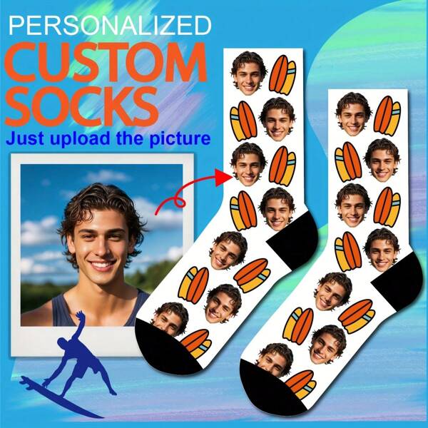 1 Pair 2025 New Surfboard Custom Socks, Custom Fun Crewneck Socks (With Photos) As A Gift For Men, Men's Gift Custom Valentine's Day Birthday Gift, As A Valentine Gift, Men's Novelty Socks, Women's Novelty Socks