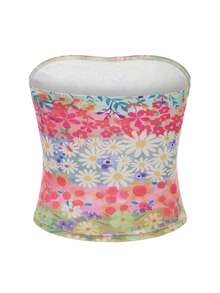 Women's Summer Slim Fitted Tube Tops Y2k Floral Print Pattern Crop Tops Bandeau Show Navel Tank Tops Vacation Tops Streetwear Aesthetic Vintage Clothes 90s - 藍色 - 查看 4