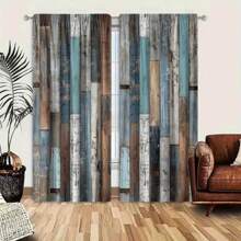 2pcs Polyester Retro Faux Wood Grain Print Light Filtering Curtains, Suitable For Bedroom, Living Room, Office And Home Decor, Rod Pocket Design, Fits Curtain Rod