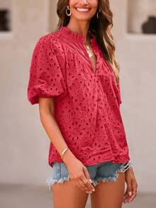 Women's Summer Top Fashion Casual Lantern Short Sleeve V-Neck Button Hollow-Out Lace Embroidery Shirt - Đỏ - Xem 5