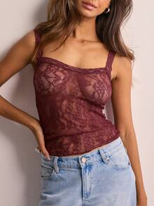 Women Camisoles Sleeveless Lace See-Through Casual Tank Tops Summer Casual Tops Streetwear - 酒紅色 - 查看 1