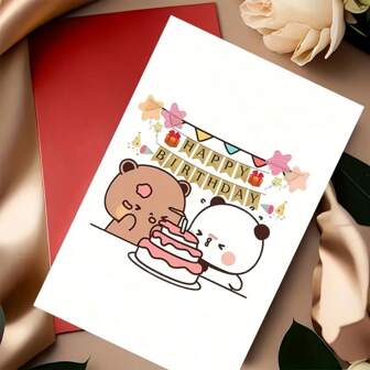 Adorable Birthday Card With Envelope - Cute DuDu Bear And BuBu Panda Celebrating 2025, Perfect For Family, Friends, Colleagues - Festive Design With Balloons, Flowers, And Cake, Charming Illustration, Vibrant Greeting Card Gifts Mother's Day Wedding Father's Day Boyfriend Gifts Thank You Cards Graduation Bride