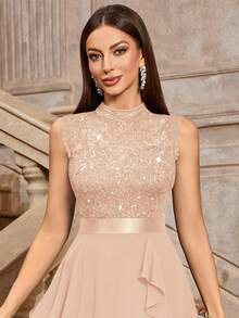 MIUSOL Turtleneck Sequin Floral Lace Sleeveless Ruffle Hem Cocktail Party Dress - Champagne - View 7