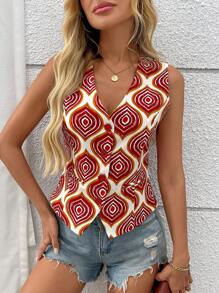 Damen elegantes, lässiges, vielseitiges bedrucktes Trägershirt-Top, Stoff mit gewebtem Diamantmuster, Fake-Tasche, für den Alltag & Urlaub, Frühling/Sommer/Herbst