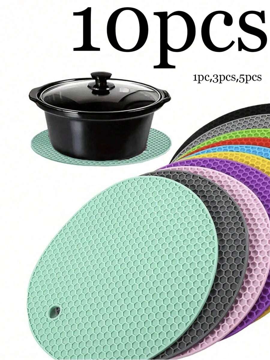 10/5/3/1pc蜂窝硅胶餐垫防滑垫锅垫桌垫隔热杯垫多功能圆形耐热硅胶垫杯垫火锅架厨房餐饮配件野餐毯 - 彩色 - 查看 1
