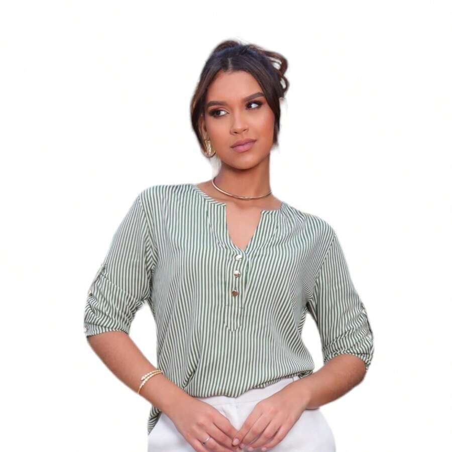 WOMEN'S DRESS SHIRT 3/4 SLEEVE STRIPED - GREEN STRIPED - View 1