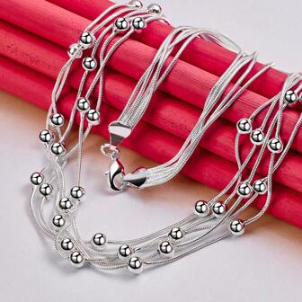 银色多串蛇形链光滑串珠项链，适合女士、男士、时尚婚礼派对饰品