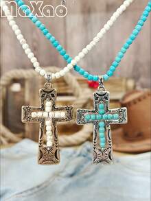 Vintage-Style Women's Turquoise Cross Pendant Necklace, Unique Design, Suitable For Daily Wear - Vintage Cross Pendant - View 3