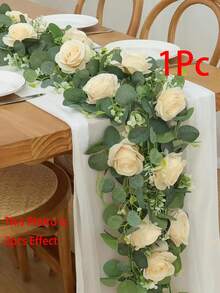1 件/2 件，6 英尺人造桉树花环，配假丝绸玫瑰花藤种子桉树叶绿叶花环，适用于婚礼拱门桌墙背景派对房间装饰、婚礼装饰、家居装饰、卧室装饰、浴室装饰、厨房装饰 - 白色 - 查看 15