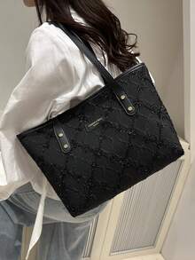1pc Black Nylon Smooth Zipper Rhombus Pattern Rivet Inlaid Fashion Versatile Casual Commute Chic Shoulder Tote Bag, Suitable For Women's Daily Use - Black - View 3
