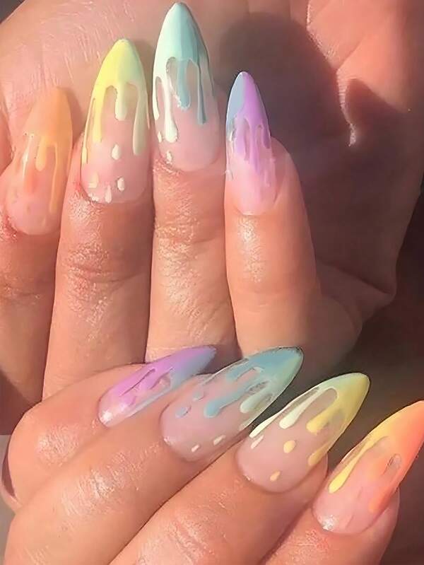 24pcs Almond Press On Nails French Tip Cute Y2K Nails Rainbow Gradient Extra Long Stiletto Pointed Women's Summer Nails Art